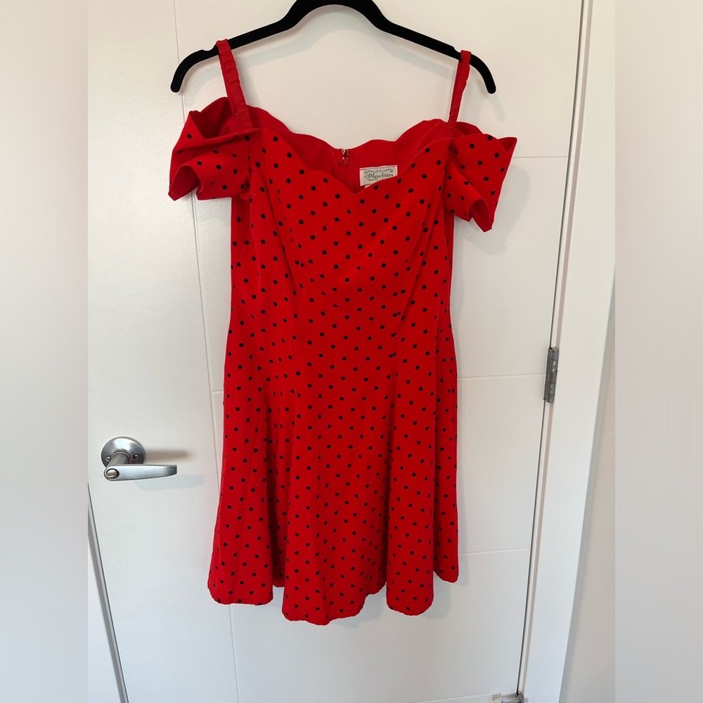 Vintage 80’s Algo-Ettes Red Polka Dot Off Shoulder Dress – Scalloped Neckline